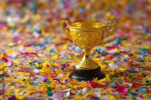 Fototapeta Golden Trophy on Colorful Confetti Background Celebrating Achievement and Success in Event or Competition