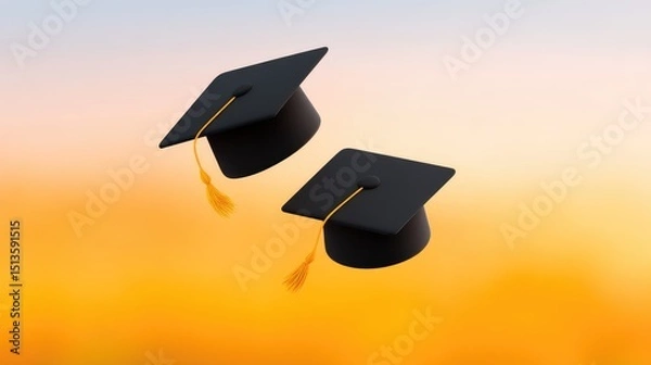 Fototapeta Black Graduation Caps with Yellow Tassels against a Warm Gradient Sunset Background for Academic Celebrations and Achievements