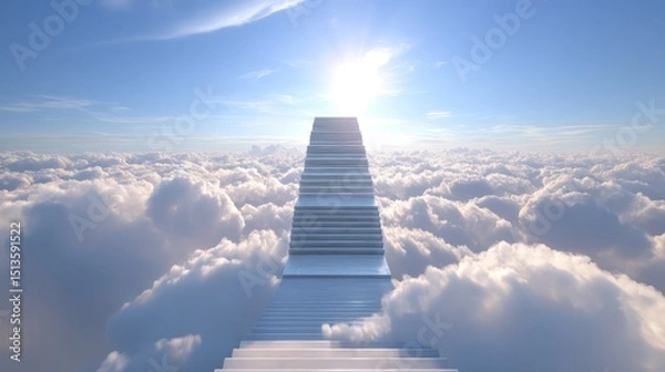 Fototapeta Ethereal Staircase Leading to Bright Light Above Soft Clouds Under Clear Blue Sky