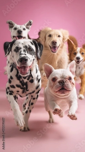 Fototapeta Playful and Happy Dogs Running Together Against a Pink Background in a Cheerful and Vibrant Atmosphere