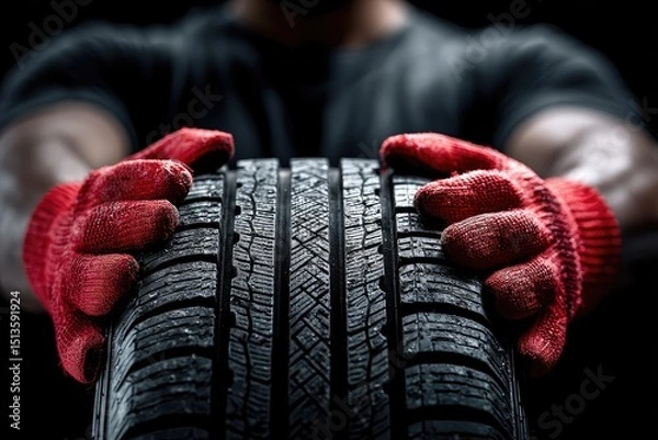 Fototapeta Strong Hands Holding a Tire with Red Gloves Against a Dark Background