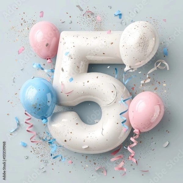 Fototapeta Festive Celebration Theme with Number Five Balloon Surrounded by Colorful Balloons and Confetti Elements for Birthday
