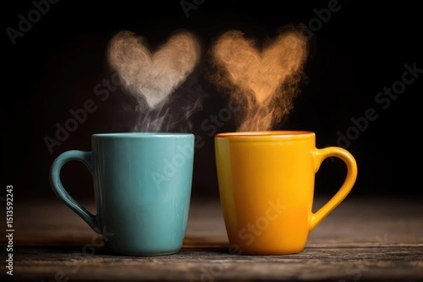 Fototapeta Warm Heart Shaped Steam Rising from Colorful Mugs on Rustic Wooden Table Background in Cozy Setting