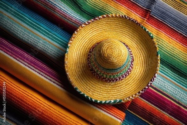 Fototapeta Colorful Mexican sombrero placed on vibrant woven blankets showcasing traditional patterns and textures in bright hues
