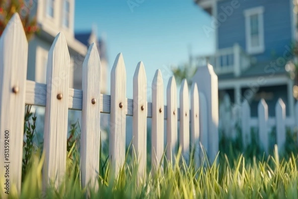 Fototapeta Charming White Picket Fence with Green Grass in a Sunny Residential Neighborhood Setting on a Bright Day