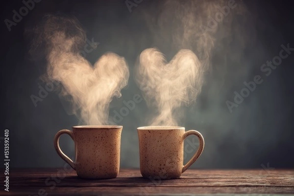 Fototapeta Warm Coffee Mugs with Heart-Shaped Steam in Cozy Atmosphere for Love and Romance Themes