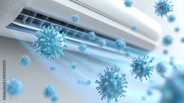 Fototapeta Air Conditioning Unit with Floating Virus Particles Representing Indoor Air Quality Risks and Health Concerns for Users