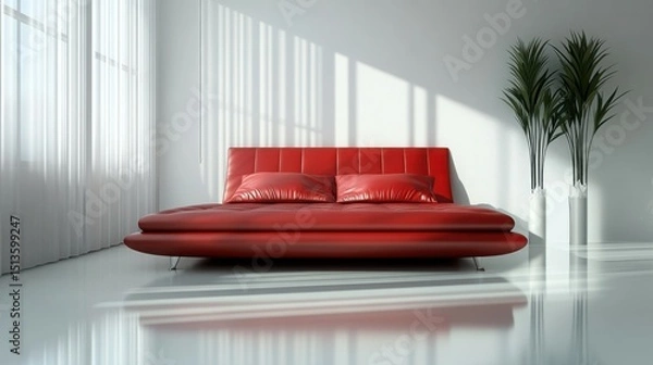 Obraz Modern Luxurious Bedroom with Red Leather Accents and Glossy White Elegance

