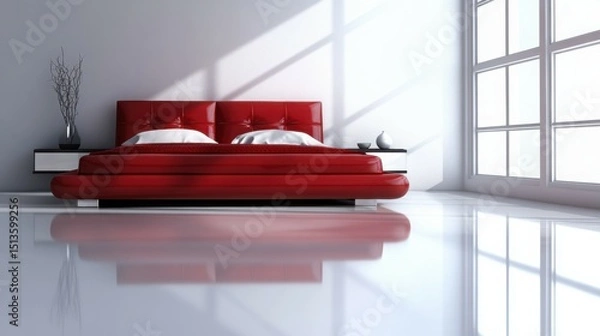Obraz Modern Luxurious Bedroom with Red Leather Accents and Glossy White Elegance

