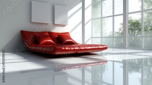 Obraz Modern Luxurious Bedroom with Red Leather Accents and Glossy White Elegance

