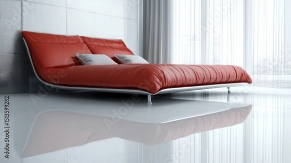 Obraz Modern Luxurious Bedroom with Red Leather Accents and Glossy White Elegance

