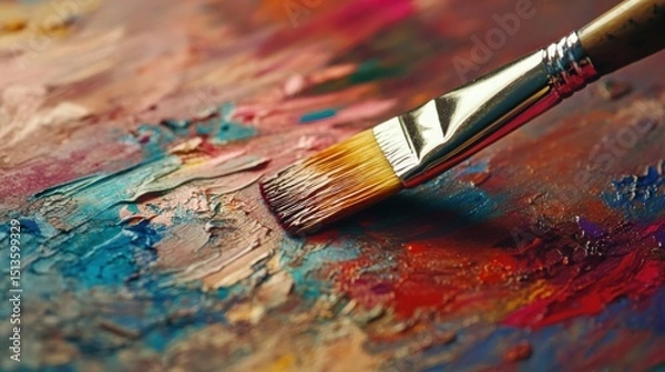 Obraz Paintbrush Resting on Vibrant Color Chart – Artistic Close-Up

