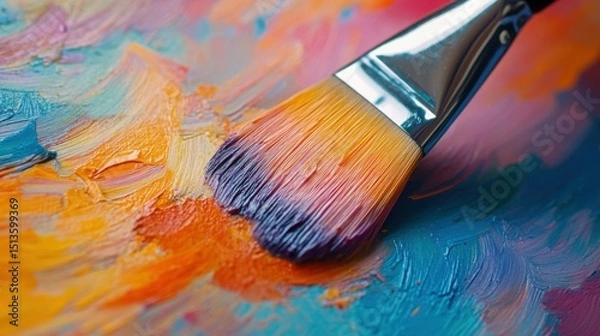 Obraz Paintbrush Resting on Vibrant Color Chart – Artistic Close-Up

