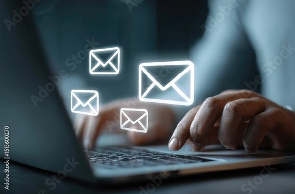Obraz Person using laptop, email icons overlay