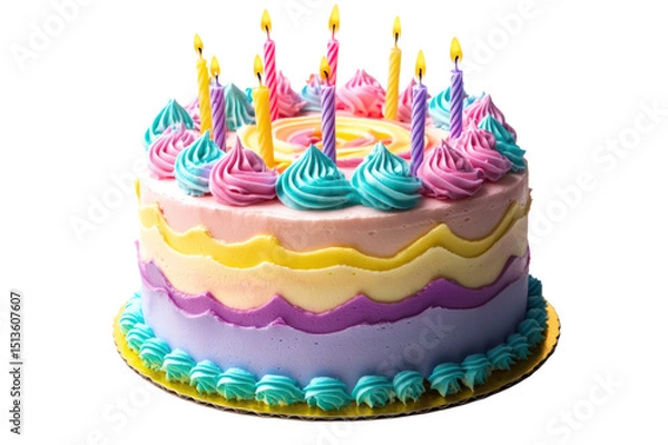 Obraz Bright colorful birthday cake decorated with vibrant frosting swirls and tall lit candles for celebration, party desserts, and festive event theme