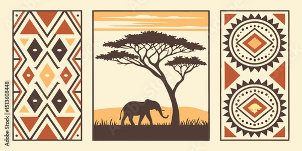 Obraz Design featuring an elephant and acacia tree in a warm sunset landscape with geometric patterns