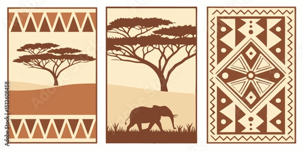 Obraz Stylized African landscape featuring trees and an elephant against a tribal pattern backdrop