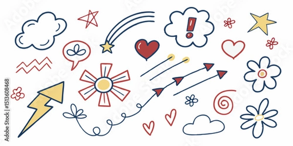 Fototapeta Colorful doodles featuring hearts, flowers, arrows, and clouds creating a playful design on a light background