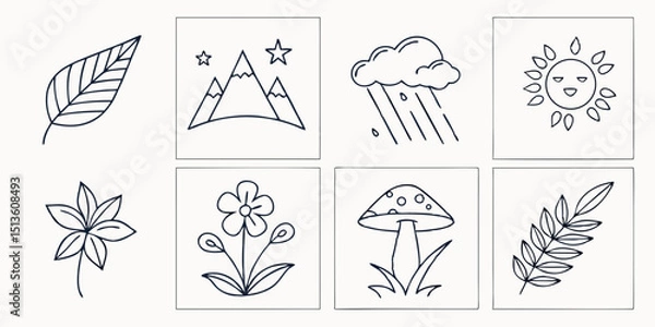 Obraz Collection of simple line drawings showcasing nature themes with leaves, mountains, rain, and flowers displayed in various arrangements