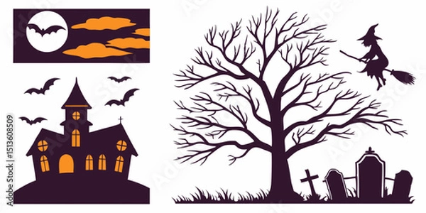 Obraz Creepy Halloween themed silhouettes featuring bats, witch, and haunted house against a moonlit background