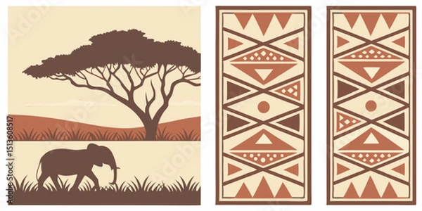 Obraz Elephant silhouette against a savanna sunset with tribal patterns in warm tones
