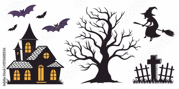 Obraz Halloween decorations featuring a witch, bats, a haunted house, and a spooky tree in a playful design