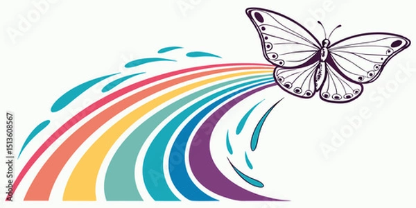 Obraz Colorful butterfly emerging from a vibrant rainbow with flowing waves in an artistic illustration of nature and beauty