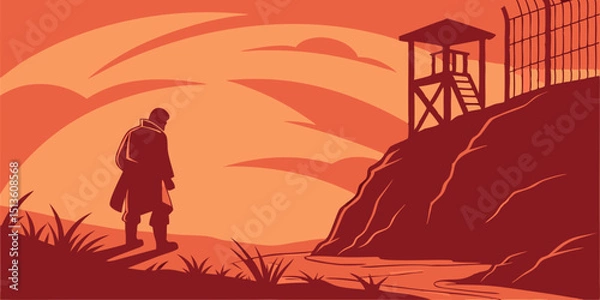 Obraz Silhouette of a figure by a watchtower during sunset near a rocky landscape