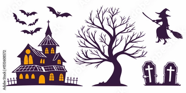 Obraz Halloween decorations featuring a haunted house, bats, and a witch with a broomstick in a spooky setting