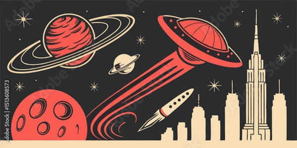Obraz Futuristic urban skyline with rockets and planets illustrating an imaginative and colorful space adventure