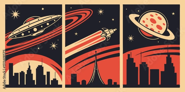 Obraz Retro space travel artwork features a spaceship and planets over an urban skyline at night