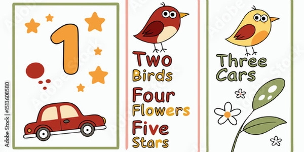 Obraz Educational fun with numbers and nature featuring birds, flowers, and cars designed for young learners