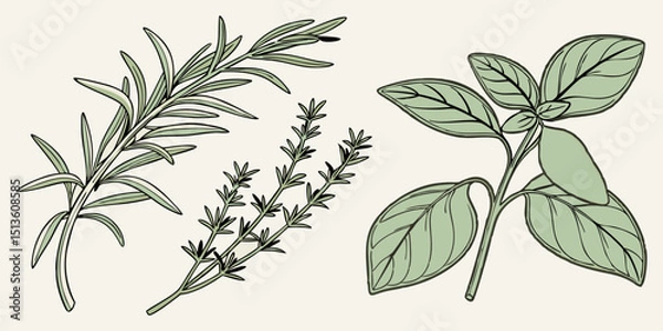 Obraz Fresh herbs featuring rosemary, thyme, and basil displayed on a light green background