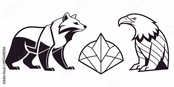 Obraz Intricate animal designs featuring a bear, eagle, and a leaf in a minimalistic and modern style