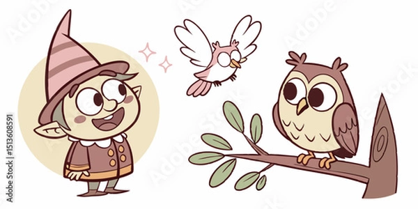 Fototapeta Friendly elf interacts with a cheerful bird and wise owl in a whimsical forest setting
