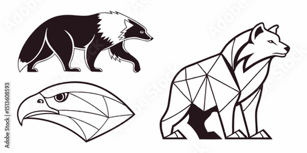 Obraz Wildlife illustrations showcasing a fox, eagle, and wolf in geometric designs on a plain background