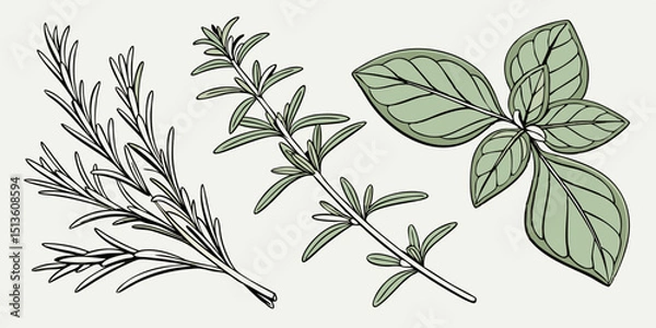 Obraz Fresh herbs including rosemary, thyme, and basil arranged on a neutral background for culinary inspiration