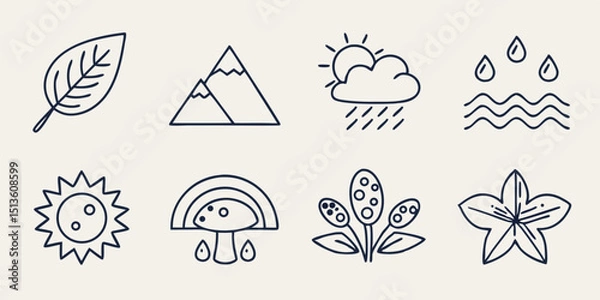 Obraz Nature-themed illustrations depicting various elements like leaves, mountains, weather, water, and plants in a simple design