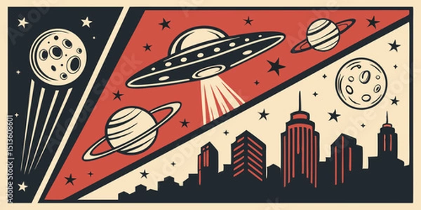 Obraz Retro space art depicting flying saucers, planets, and a city skyline at night with stars in the background