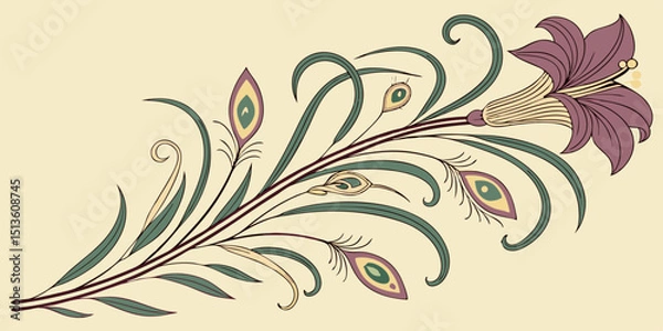 Obraz Vibrant floral design featuring a lily and decorative leaves on a pale background