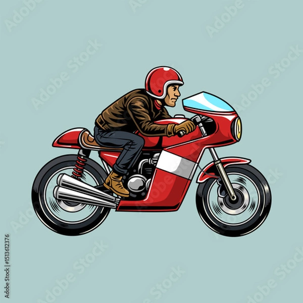 Fototapeta A Bearded Man wearing open face crash helmet riding a red retro cafe racer motorcycle from side view, isolated cartoon illustration on a light background