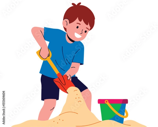 Fototapeta Joyful Boy Engaged in Fun Playtime Adventure in Sandbox During Summer at the Beach