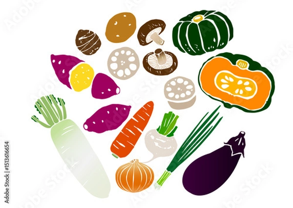 Fototapeta レトロな手書きの野菜イラストセット