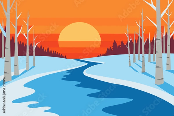 Obraz winter sunset reflecting off a frozen river lined