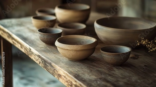 Fototapeta A beautifully arranged scene with clay cups and bowls, each with a unique handcrafted design, placed on a wooden table, evoking an earthy