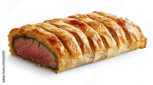 Fototapeta A Beef Wellington freshly sliced, showing the contrast between the crispy pastry and juicy beef, displayed on a transparent background for a high-quality presentation