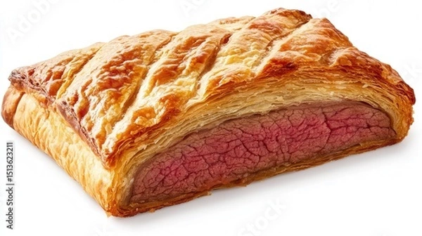 Obraz A Beef Wellington freshly sliced, showing the contrast between the crispy pastry and juicy beef, displayed on a transparent background for a high-quality presentation