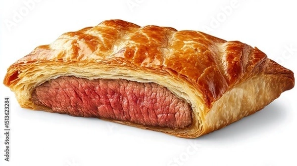 Obraz A Beef Wellington freshly sliced, showing the contrast between the crispy pastry and juicy beef, displayed on a transparent background for a high-quality presentation