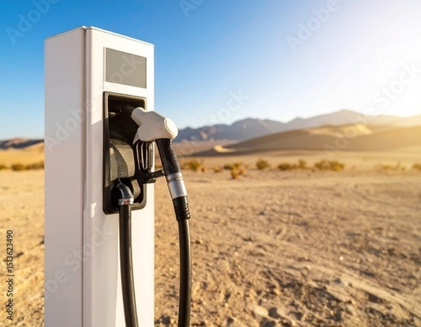 Fototapeta Modern fuel dispenser stands alone in a remote desert, symbolizing energy supply challenges, isolation, and infrastructure in harsh environments.