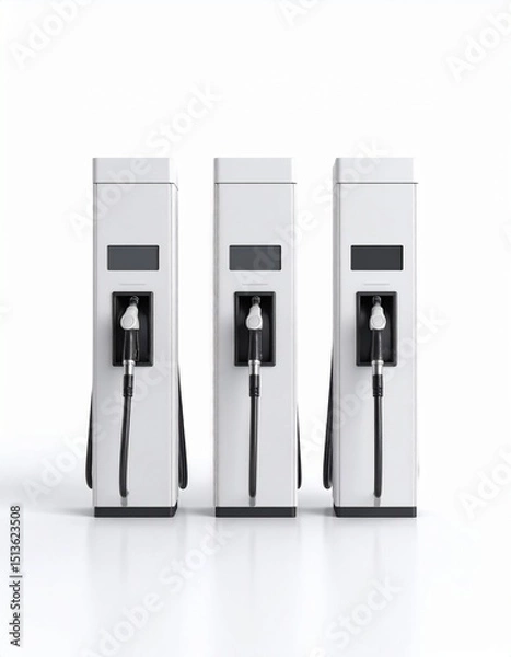 Fototapeta Three sleek, minimalist white fuel dispensers arranged in a row, isolated on a clean white background for product or advertisement use.